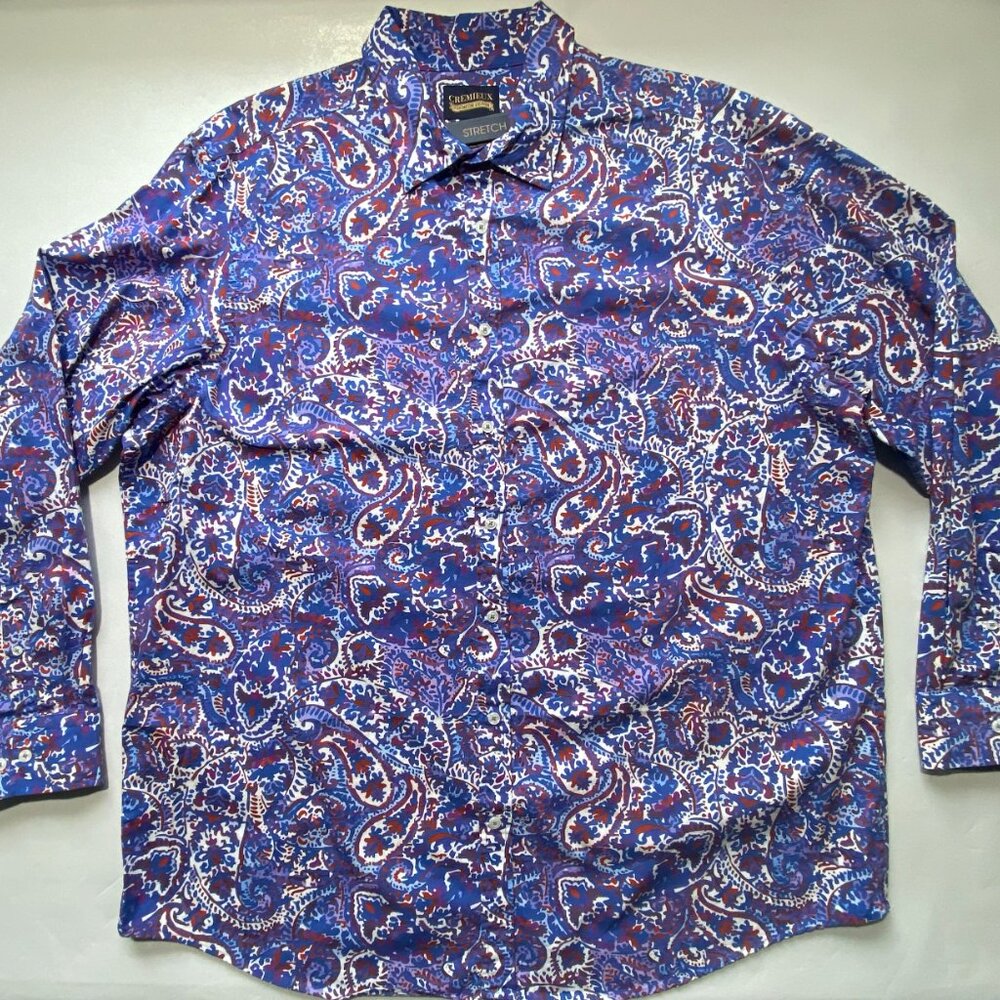 Big & Tall Mens Cremieux Denim Stretch Long Sleeve Button Front Shirt Paisley - Picture 2 of 9